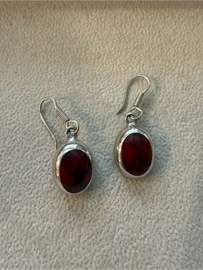 Sterling Silver Red Stone Drop Earrings